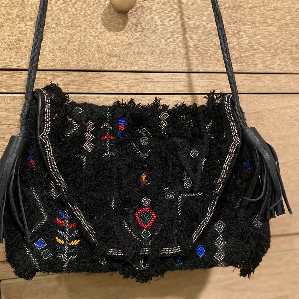 Anthropologie Ibban Black Fringe Shoulder Bag